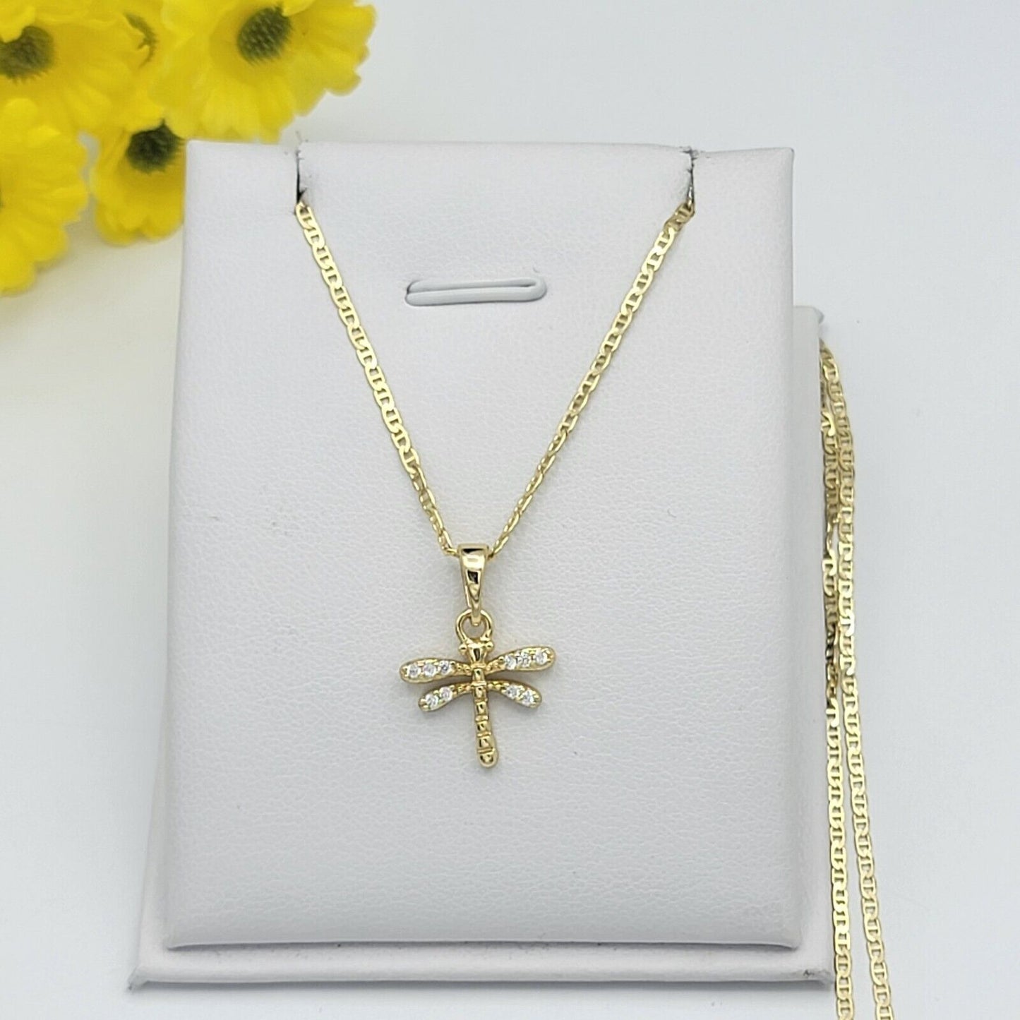 Necklaces - 14K Gold Plated. CZ dragonfly Pendant & Chain.