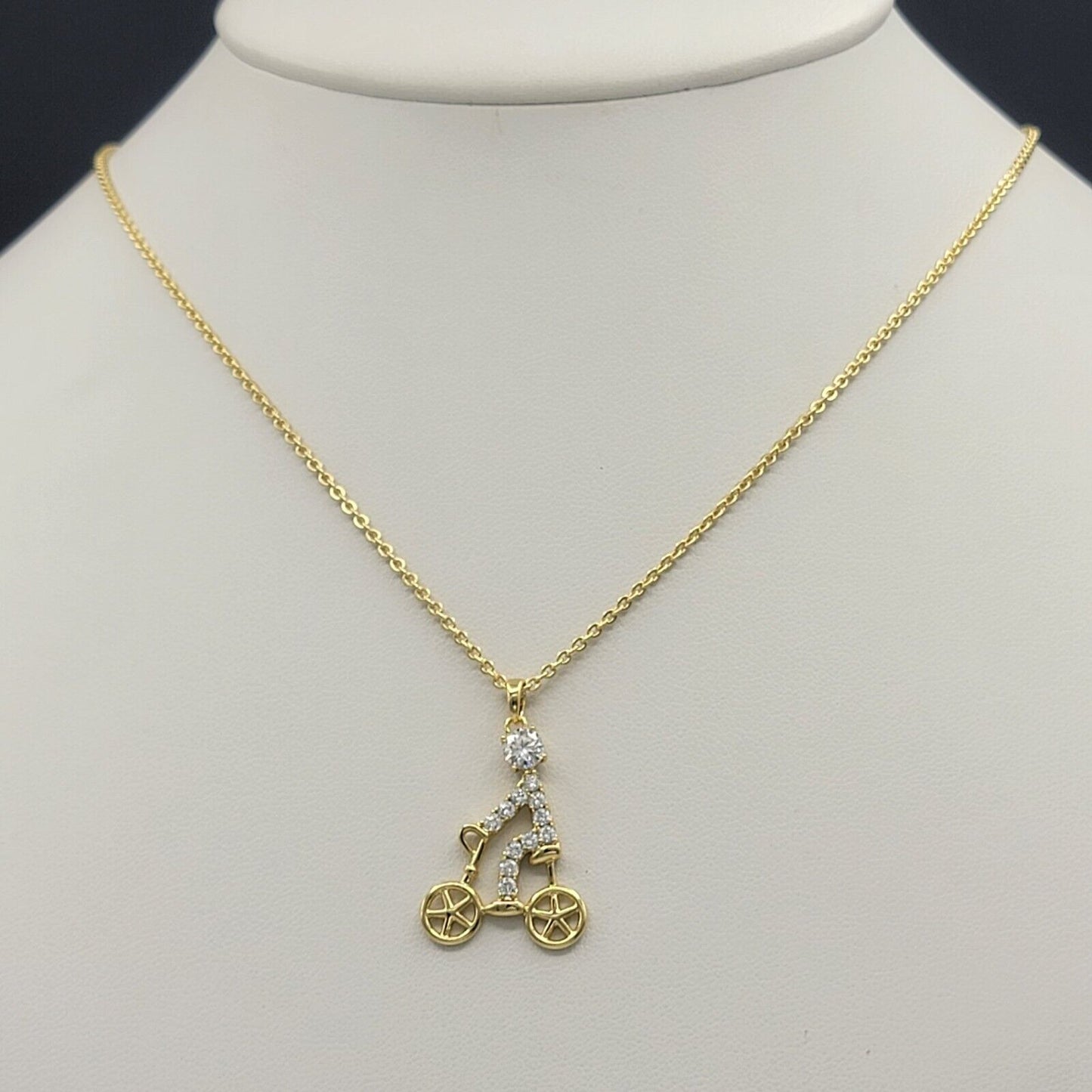 Necklaces - 14K Gold Plated. Clear Crystals Bicycle Bike Pendant & Chain.