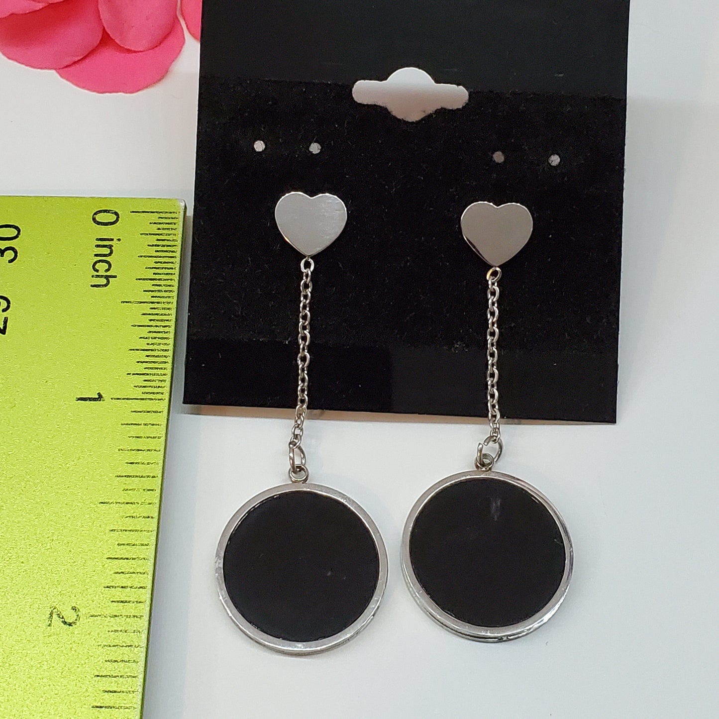 Earrings - Stainless Steel. Long Earrings w Heart - Black. *Premium Q*