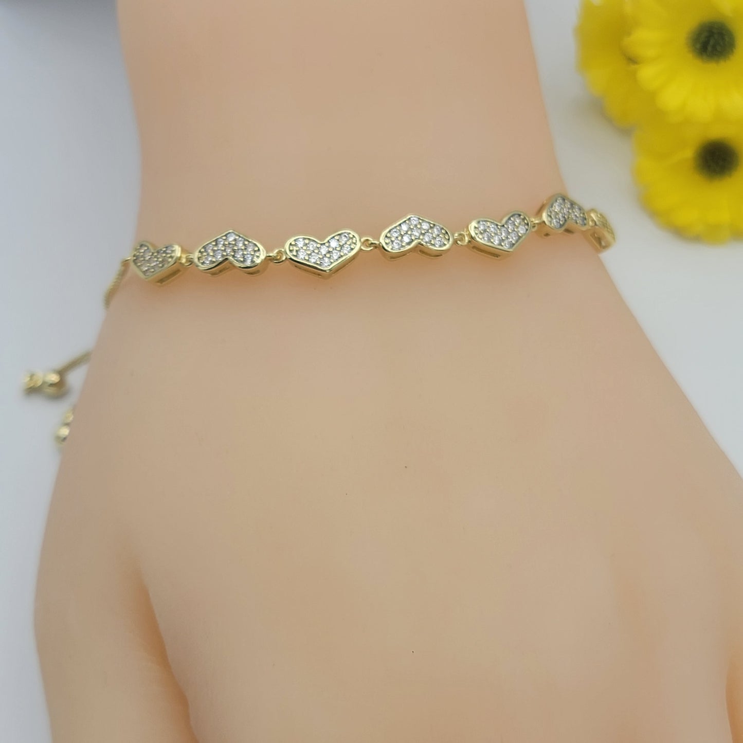 Bracelets - 14K Gold Plated. Slider. Clear Crystals Hearts. Adjustable.