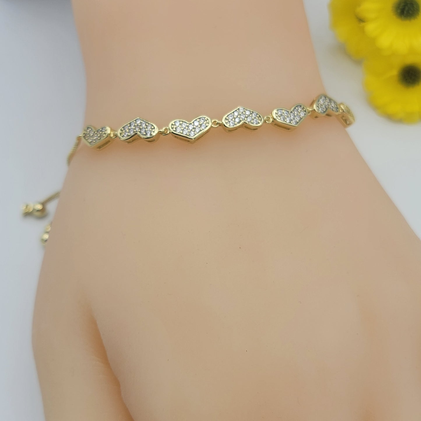 Bracelets - 14K Gold Plated. Slider. Clear Crystals Hearts. Adjustable.