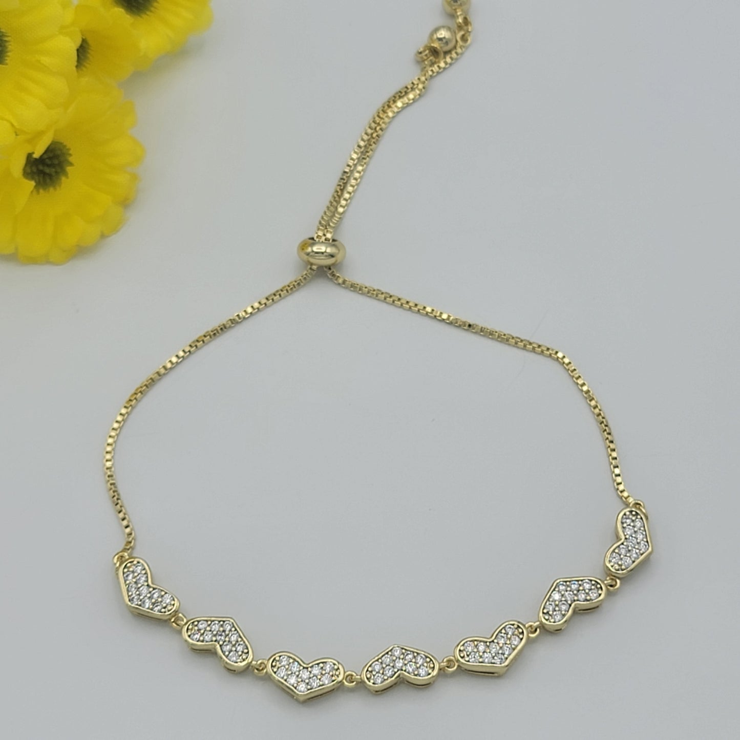 Bracelets - 14K Gold Plated. Slider. Clear Crystals Hearts. Adjustable.