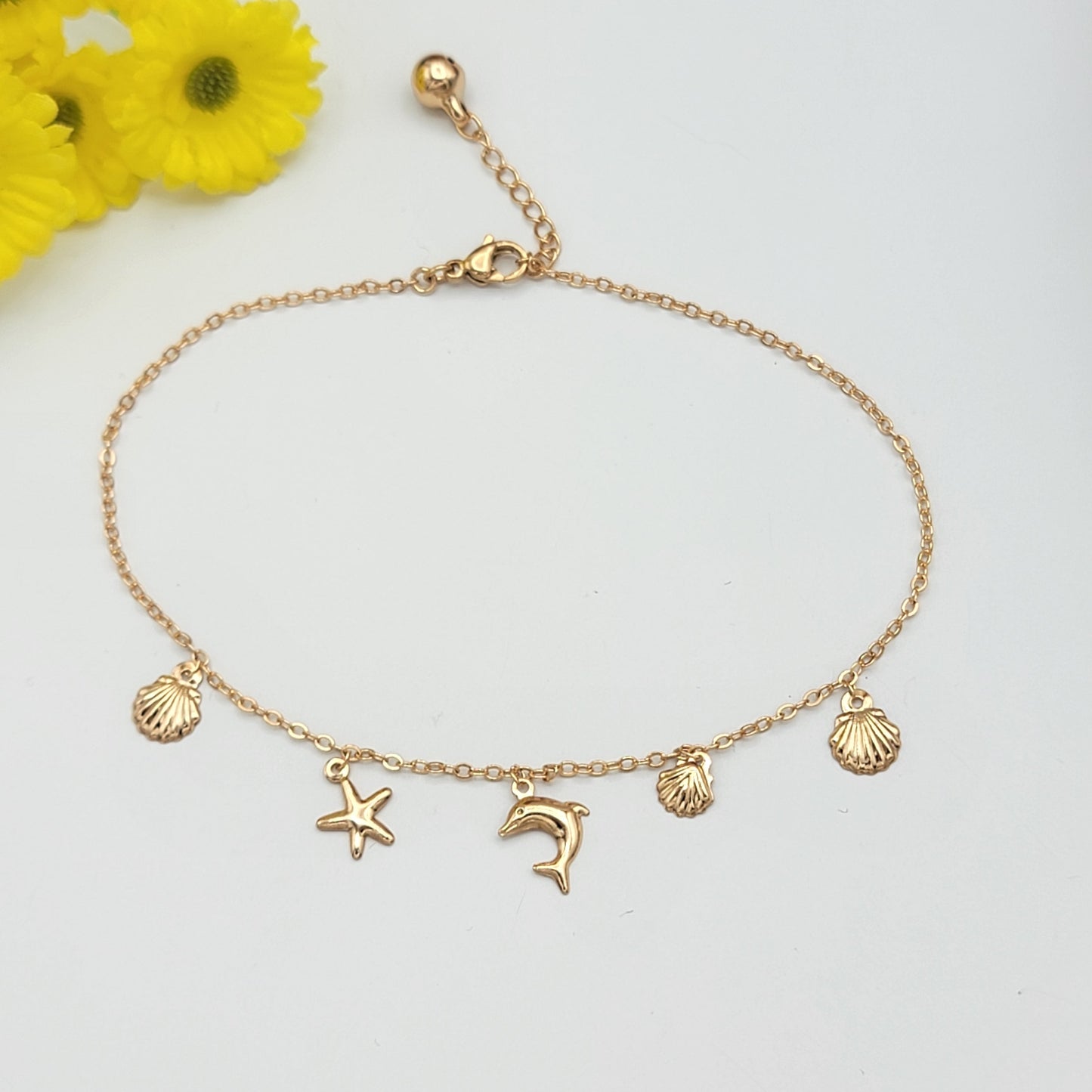 Anklets - 18K Gold Plated. Shell Dolphin Stars. Sea Nautic *Premium Q*
