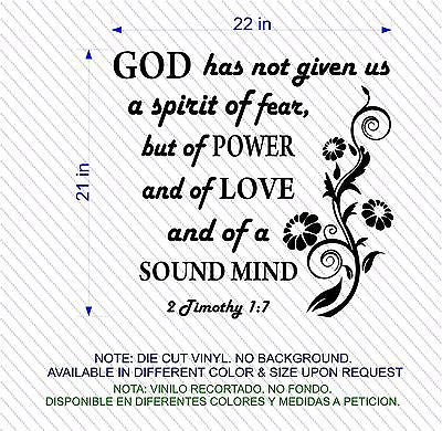 Stickers. Vinyl Wall Decal. Bible Scripture: 2 Timothy 1:7 Spirit of Love