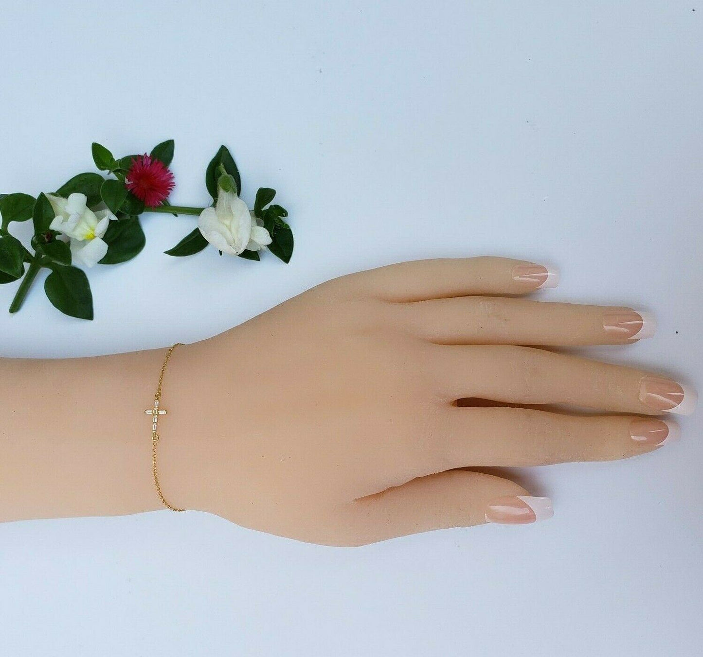 Solid 925 Sterling Silver - Gold Plated. Cross Crystals Bracelet. Religious.