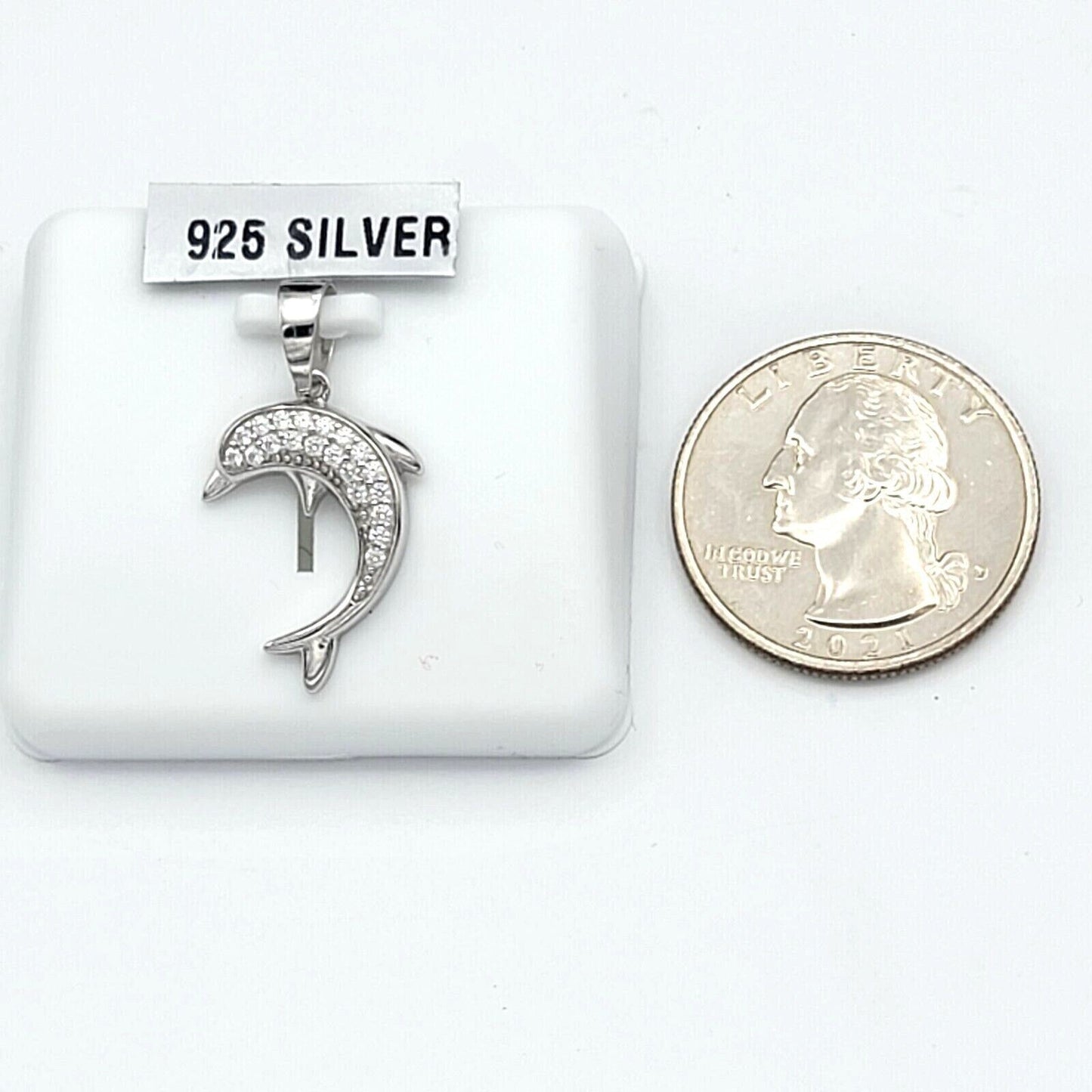Solid 925 Sterling Silver. Cute Dolphin CZ Pendant & Chain