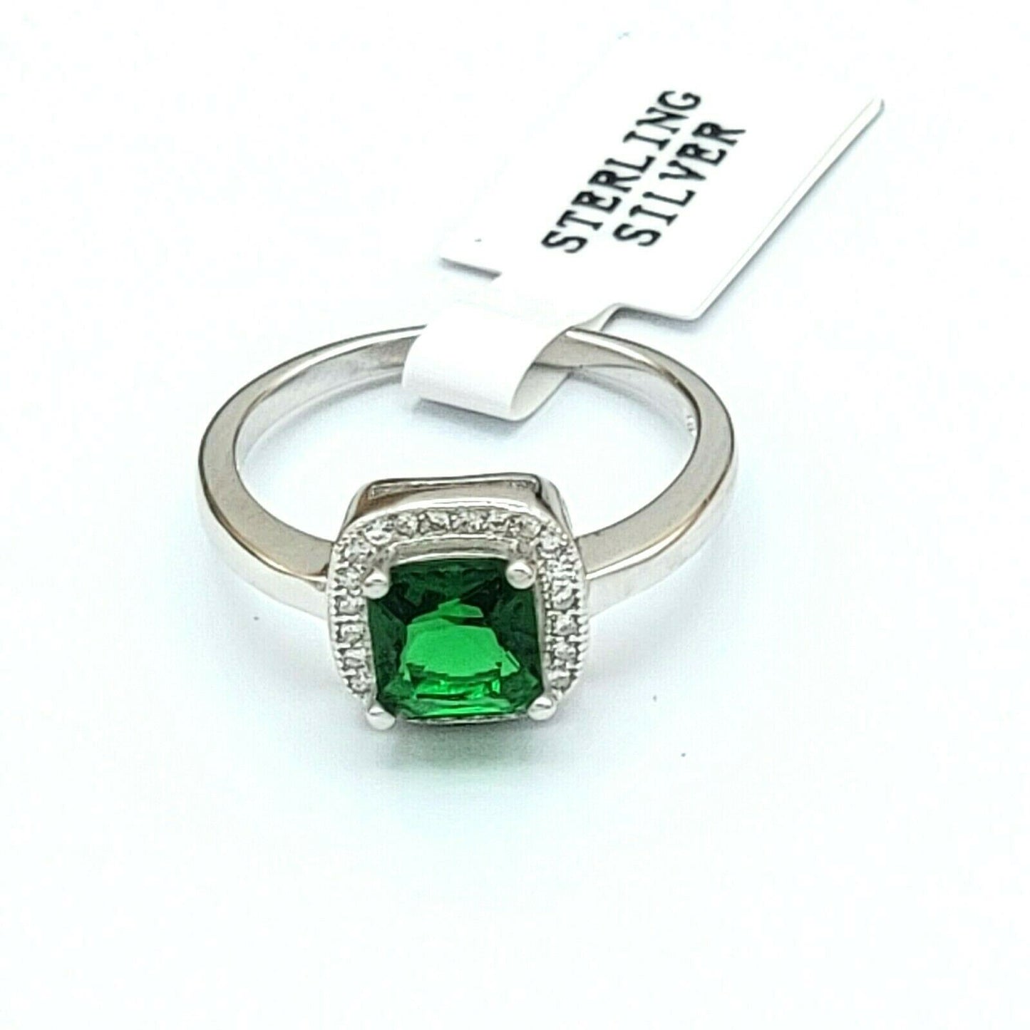 Solid 925 Sterling Silver. Princess Cut Green Cubic Zirconia Ring