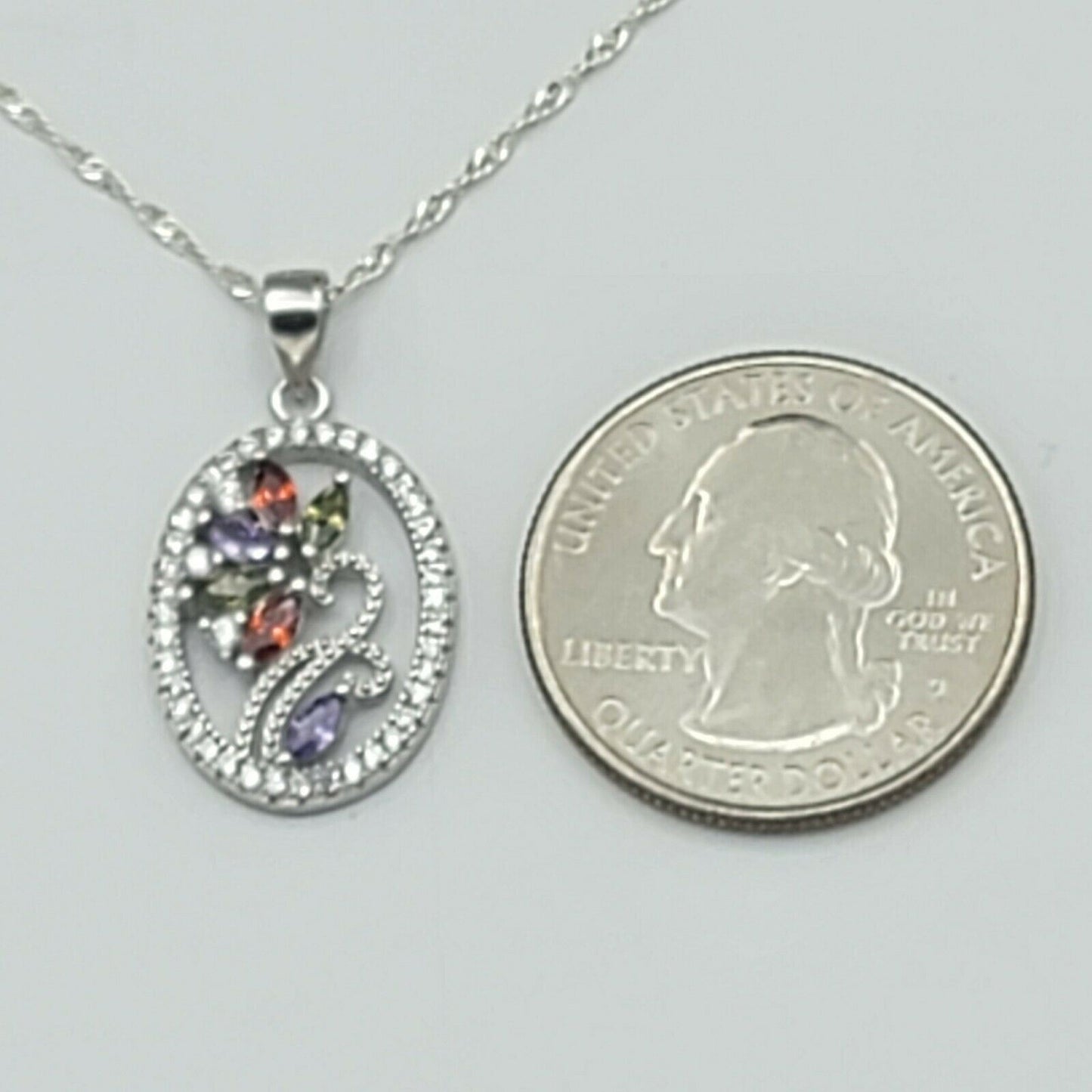 Solid 925 Sterling Silver. Multi-Color Flower Oval Pendant Necklace.
