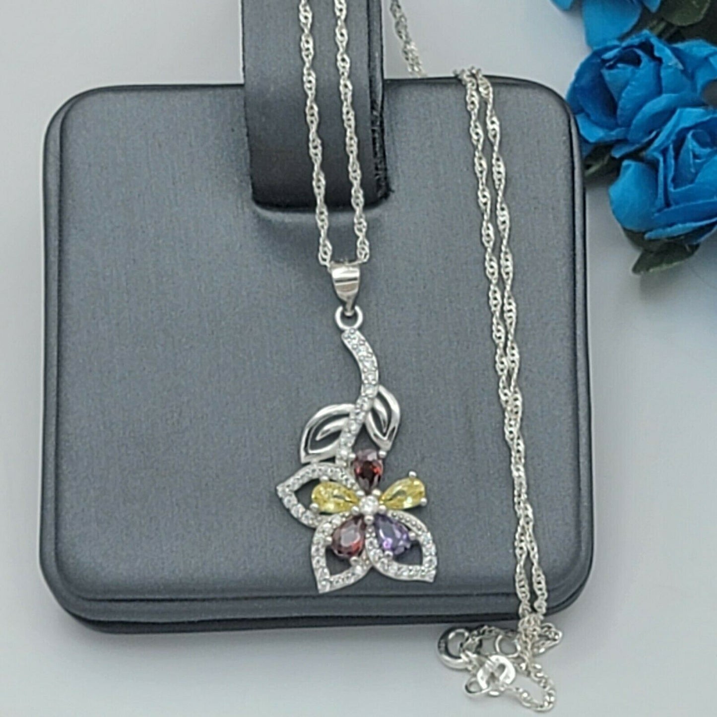 Solid 925 Sterling Silver. Multi-Color Flower Pendant Necklace. Gift Women