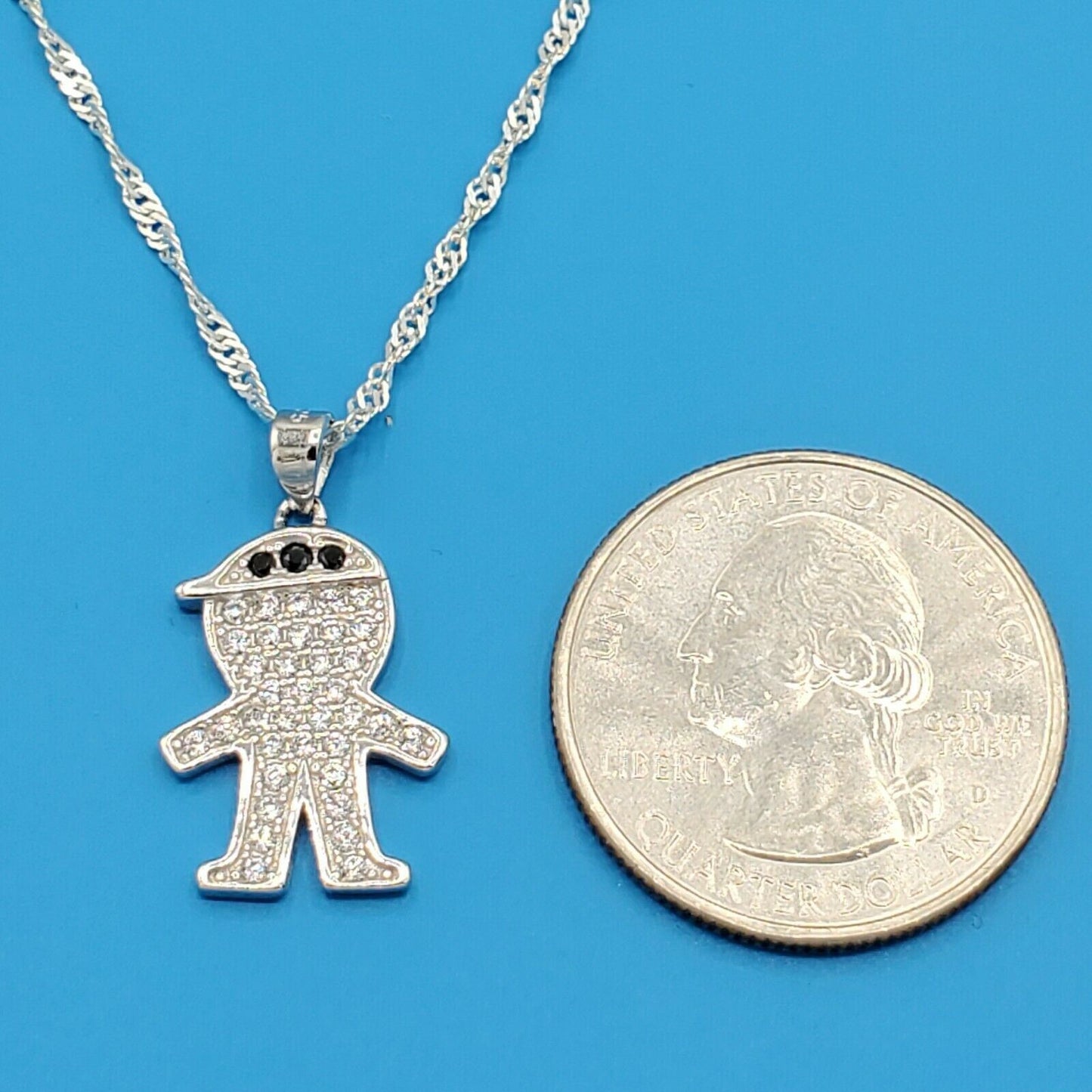 Solid 925 Sterling Silver. Clear CZ Boy Pendant & Chain. PROUD BOY MOM