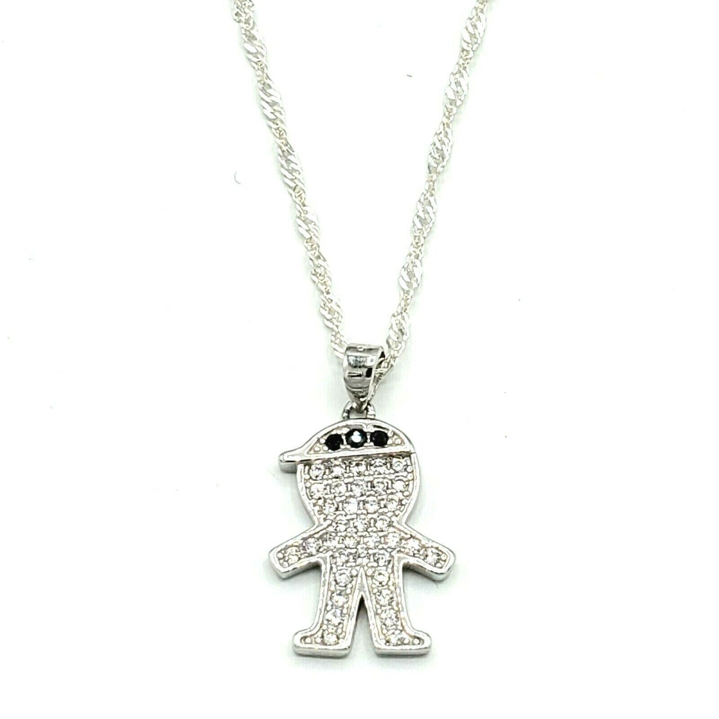 Solid 925 Sterling Silver. Clear CZ Boy Pendant & Chain. PROUD BOY MOM