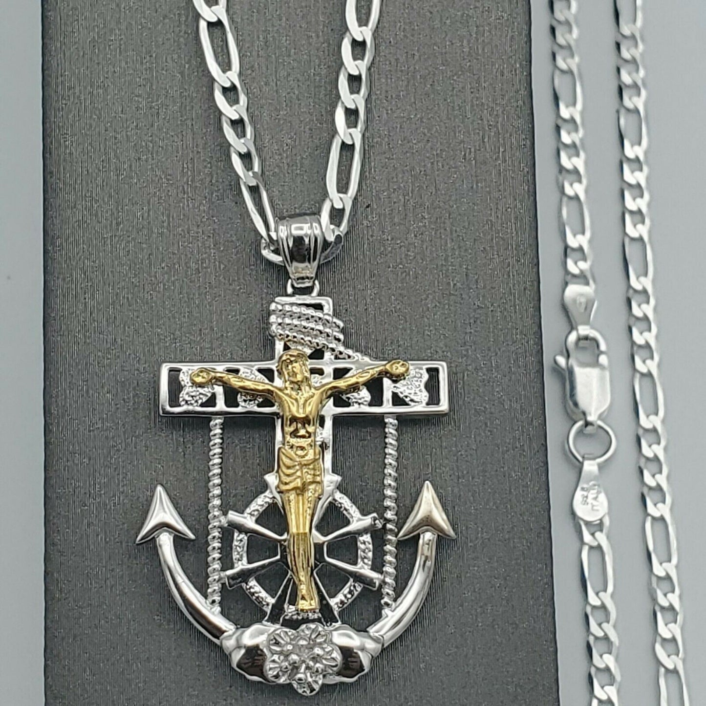 Solid 925 Sterling Silver. Jesus Cross Crucifix Two Toned Pendant Necklace Unisex