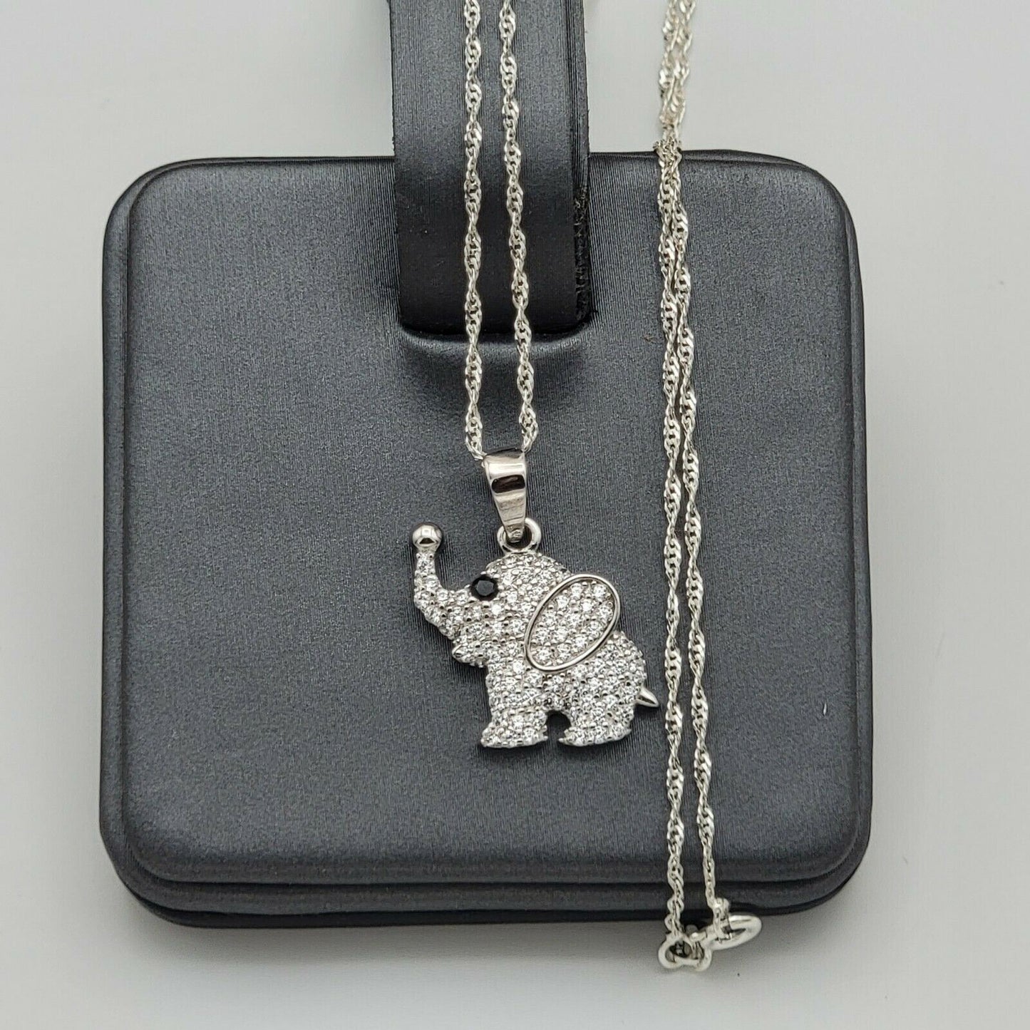 Solid 925 Sterling Silver. CZ Cute Elephant Pendant & Chain.