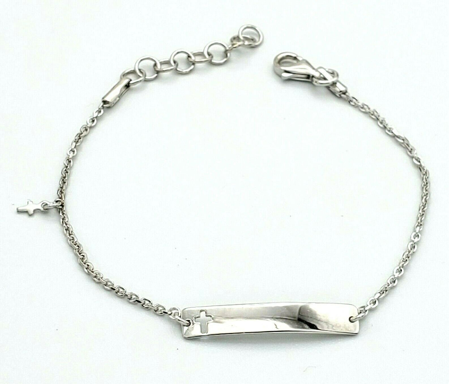 Solid 925 Sterling Silver. ID Bracelet for Kids. Cutout Cross & Charm Silver Gold