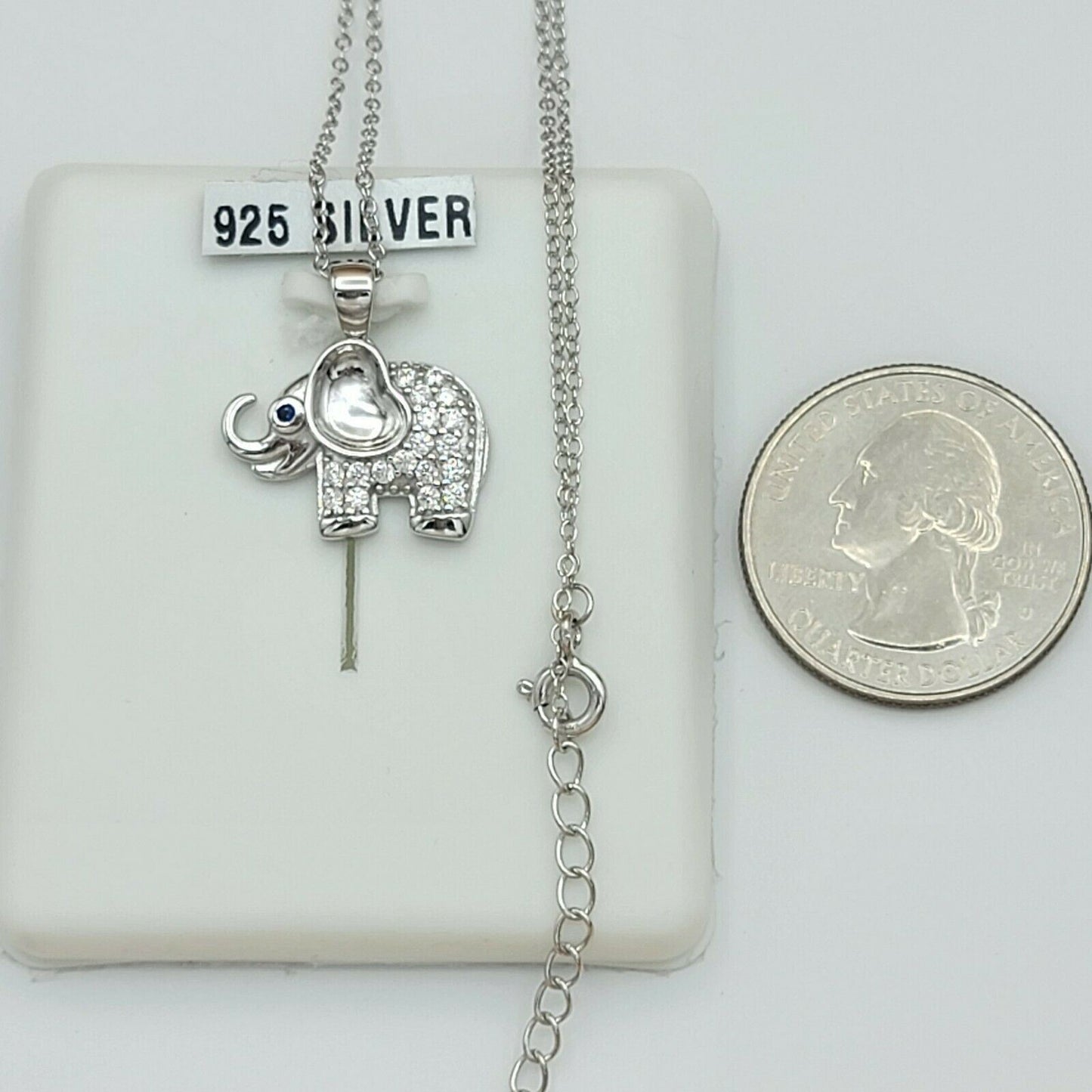 Solid 925 Sterling Silver. CZ Cute Elephant Pendant & Chain. 16-18in