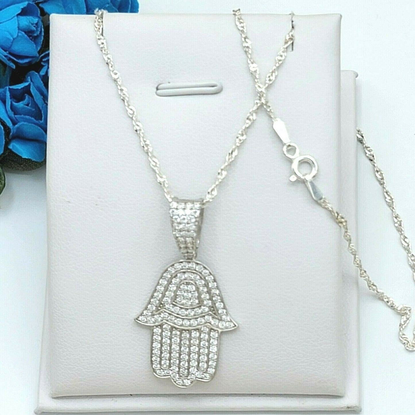 Solid 925 Sterling Silver. Hamsa Hand Iced Pendant Necklace.