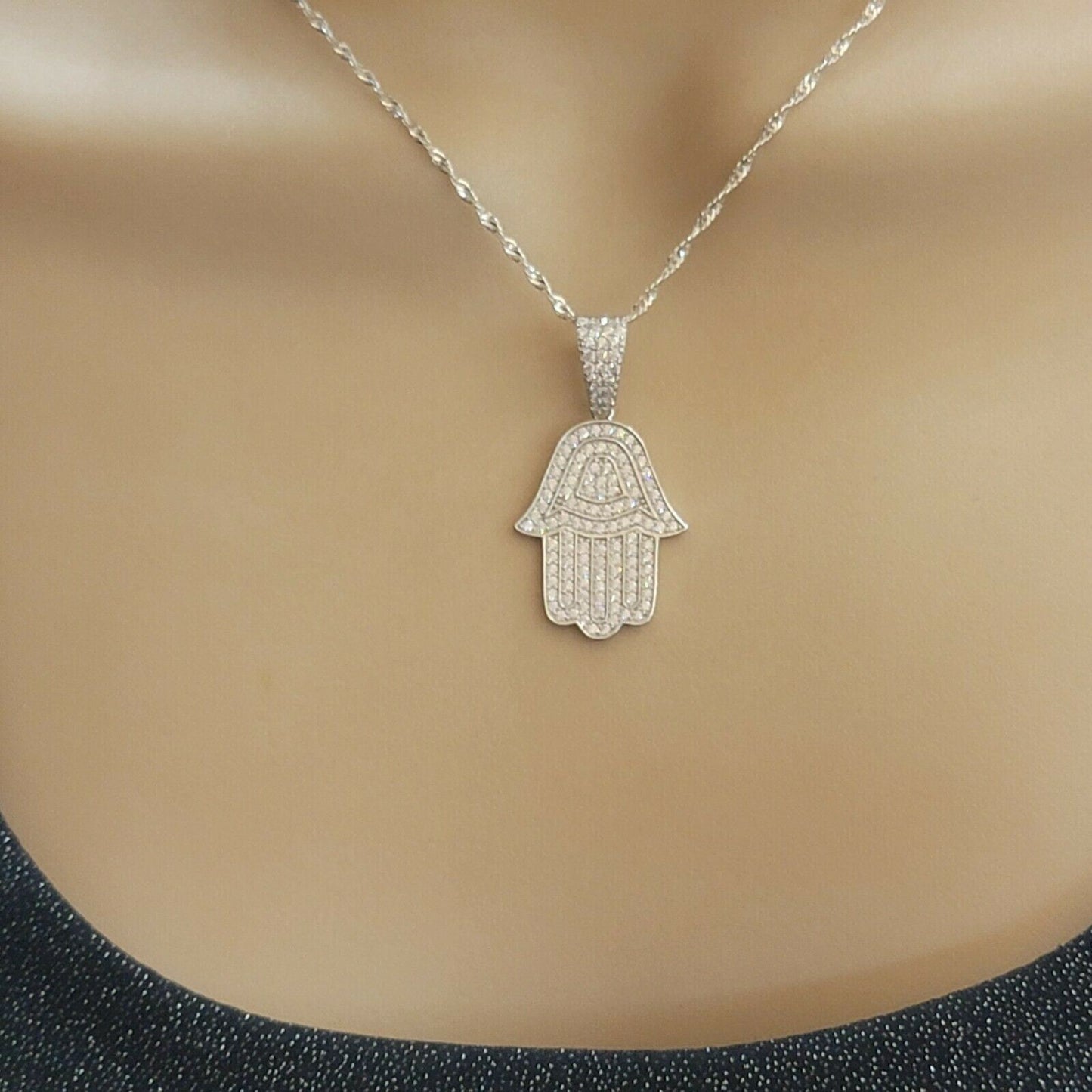 Solid 925 Sterling Silver. Hamsa Hand Iced Pendant Necklace.