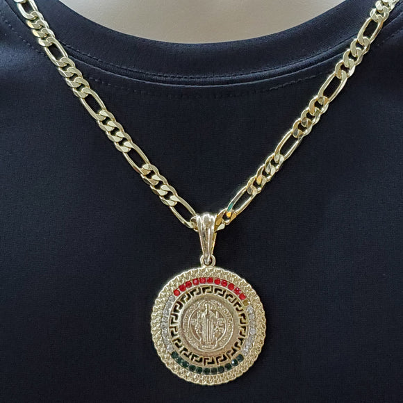 Necklace - 14K GOLD PLATED. Saint Benedict Multicolor Crystals Pendant. San  Benito.