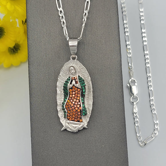 Solid 925 Sterling Silver. Virgen Guadalupe CZ Pendant Necklace. Optional Chain
