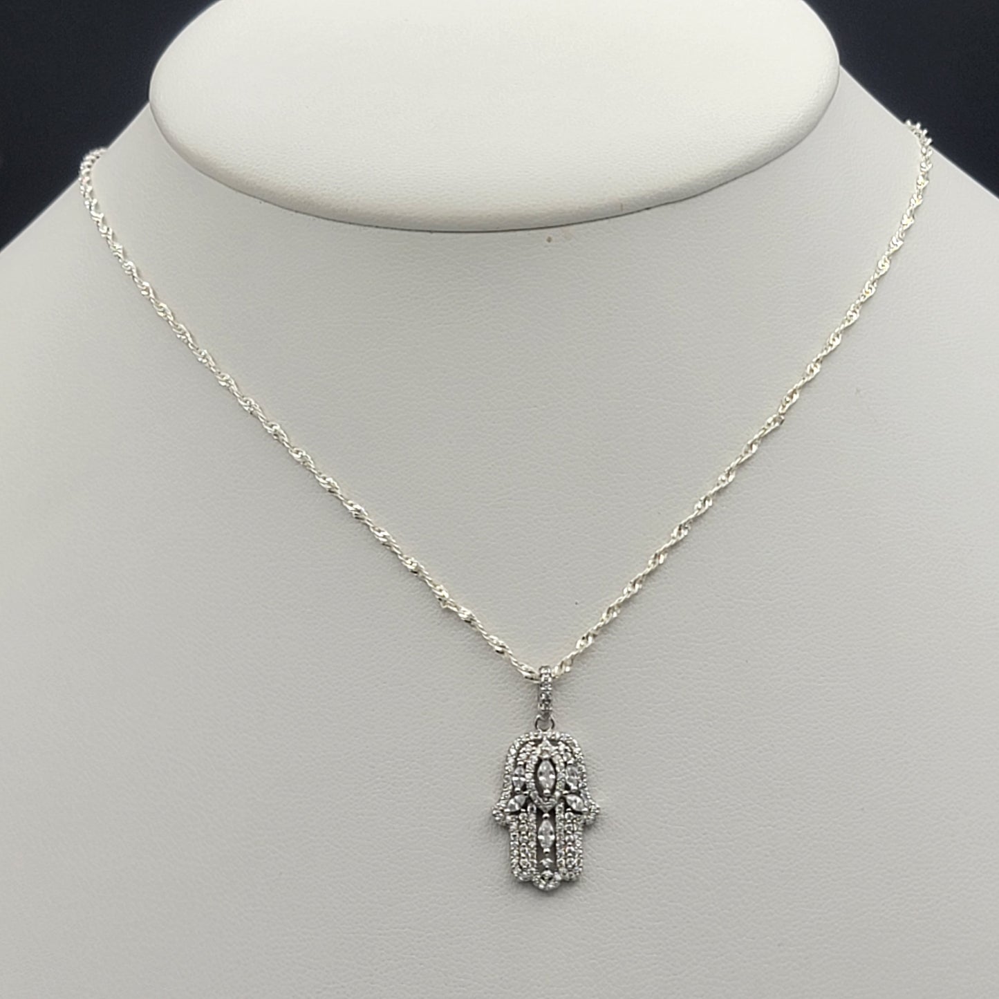 Solid 925 Sterling Silver. Filigree Hamsa Hand Iced Pendant Necklace.