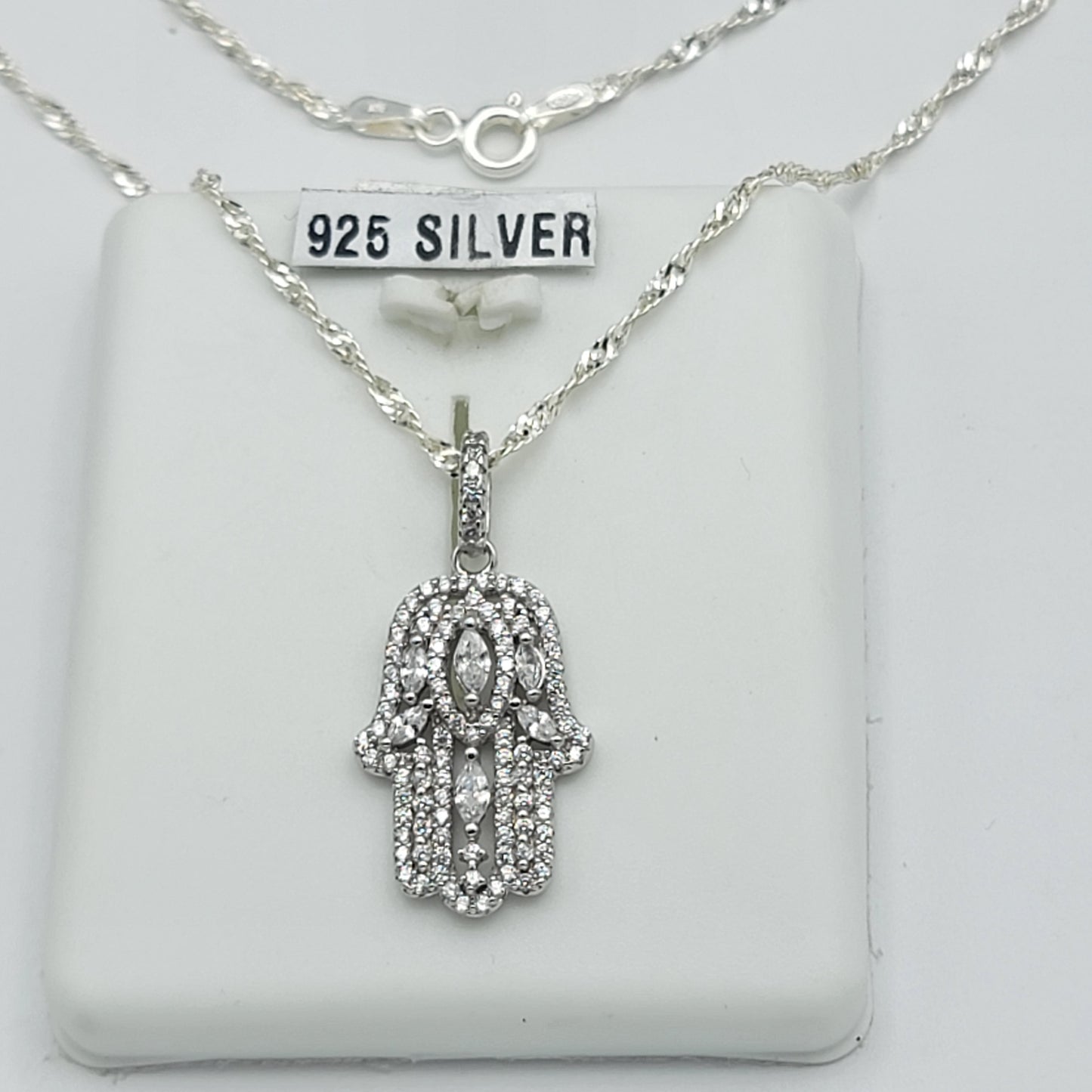 Solid 925 Sterling Silver. Filigree Hamsa Hand Iced Pendant Necklace.
