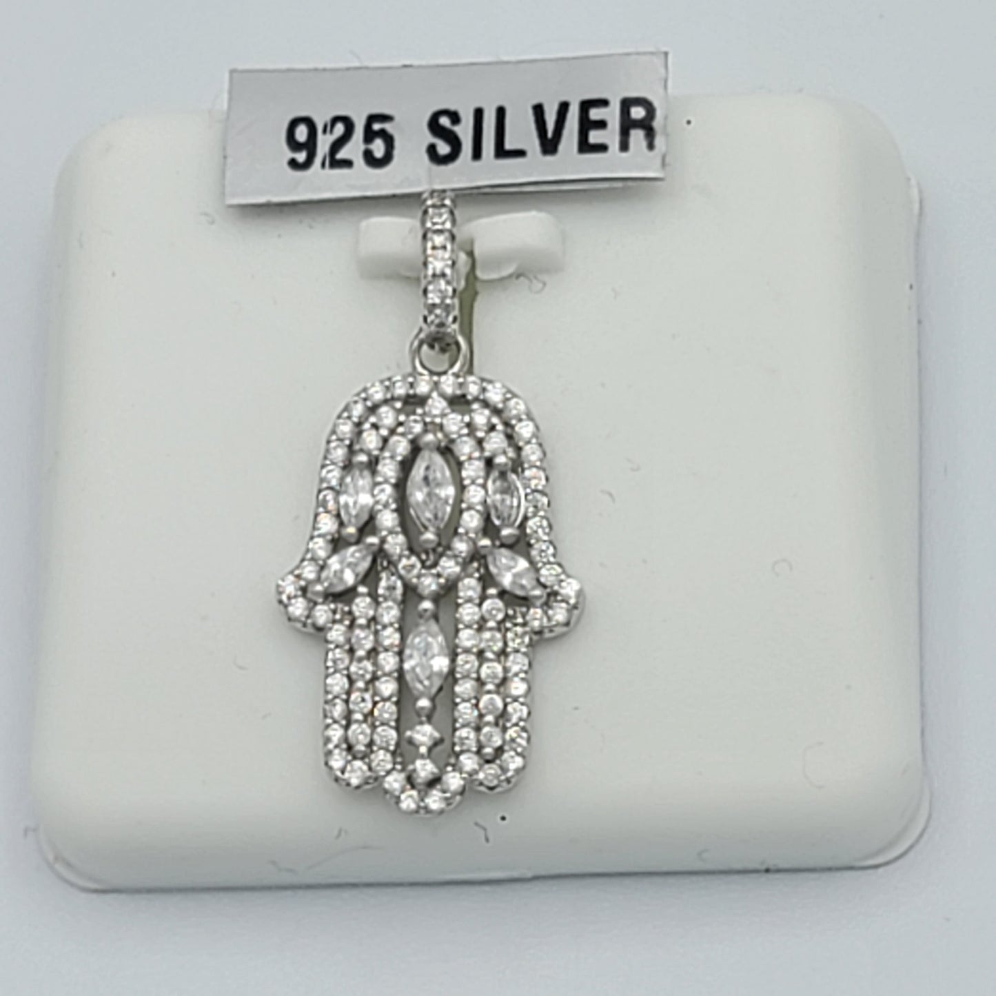 Solid 925 Sterling Silver. Filigree Hamsa Hand Iced Pendant Necklace.