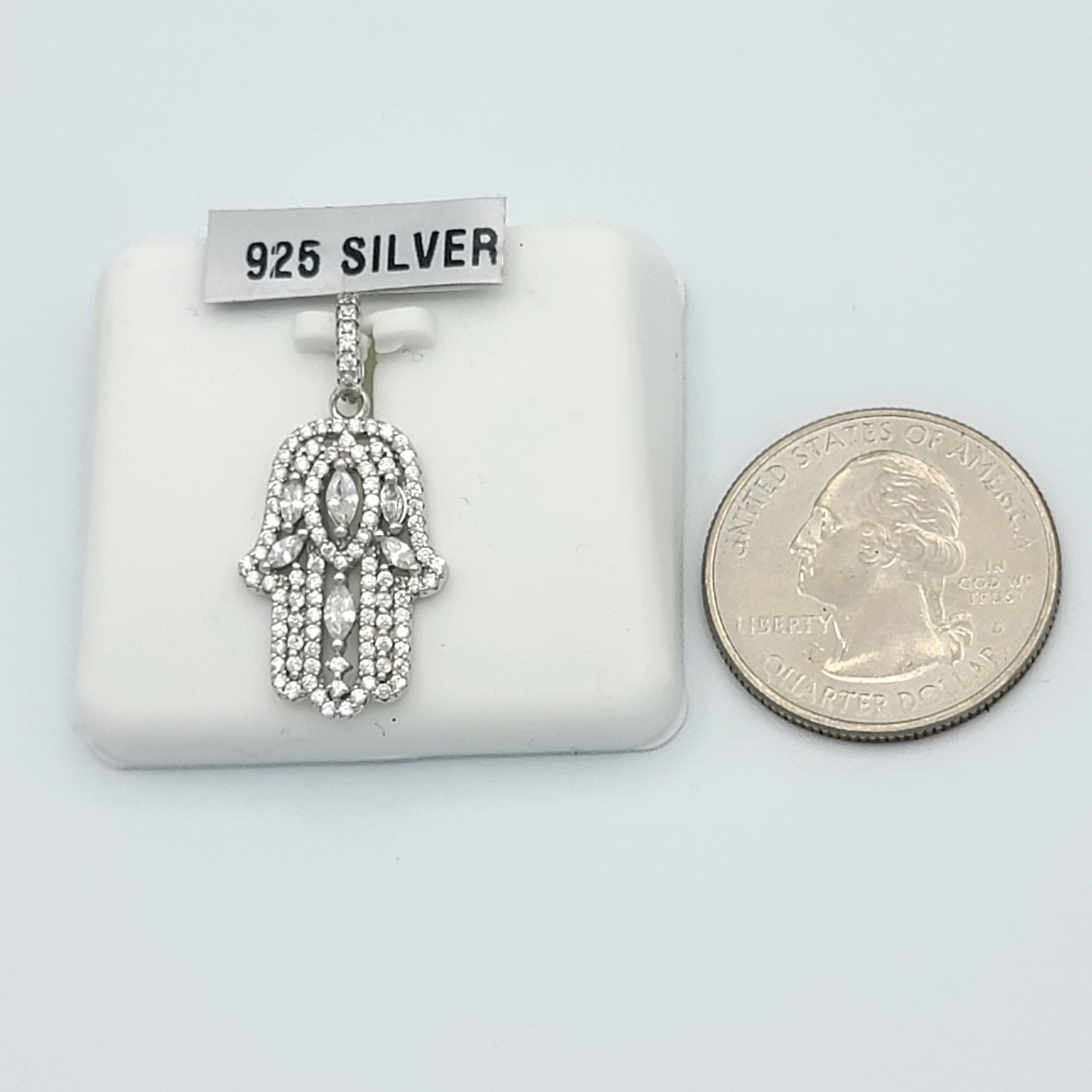 Solid 925 Sterling Silver. Filigree Hamsa Hand Iced Pendant Necklace.