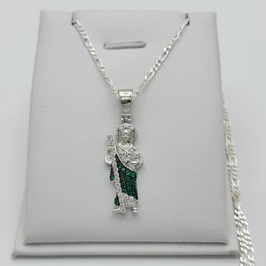Solid 925 Sterling Silver. Saint Jude Apostle Green Crystals Pendant Necklace