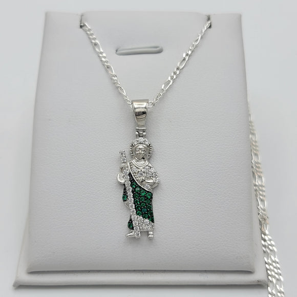 Solid 925 Sterling Silver. Saint Jude Apostle Green Crystals Pendant Necklace
