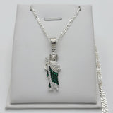 Solid 925 Sterling Silver. Saint Jude Apostle Green Crystals Pendant Necklace