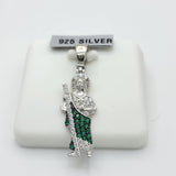 Solid 925 Sterling Silver. Saint Jude Apostle Green Crystals Pendant Necklace