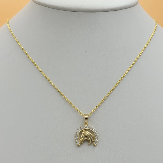 Solid 925 Sterling Silver - Gold Plated. CZ Horseshoe Pendant & Chain.