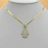 Solid 925 Sterling Silver - Gold Plated. Hamsa Hand Iced Pendant Necklace.