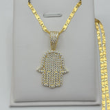 Solid 925 Sterling Silver - Gold Plated. Hamsa Hand Iced Pendant Necklace.