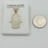Solid 925 Sterling Silver - Gold Plated. Hamsa Hand Iced Pendant Necklace.