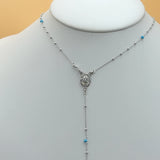Solid 925 Sterling Silver. Our Lady of Guadalupe Rosary Necklace. 3mm Blue Beads