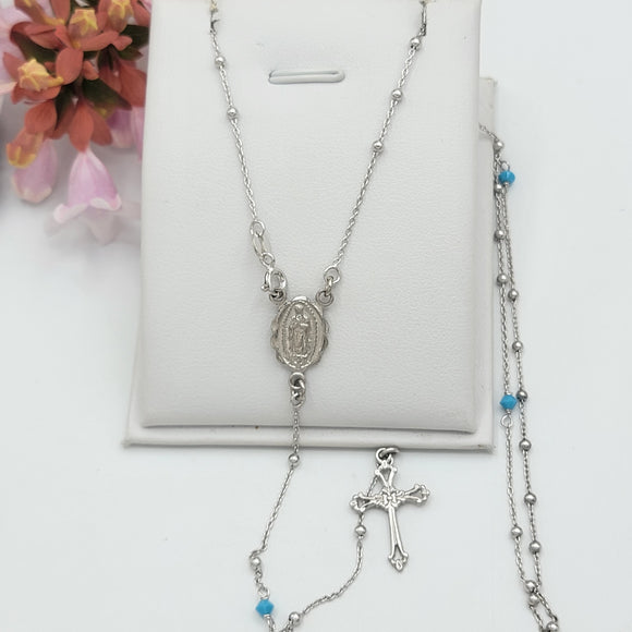 Solid 925 Sterling Silver. Our Lady of Guadalupe Rosary Necklace. 3mm Blue Beads