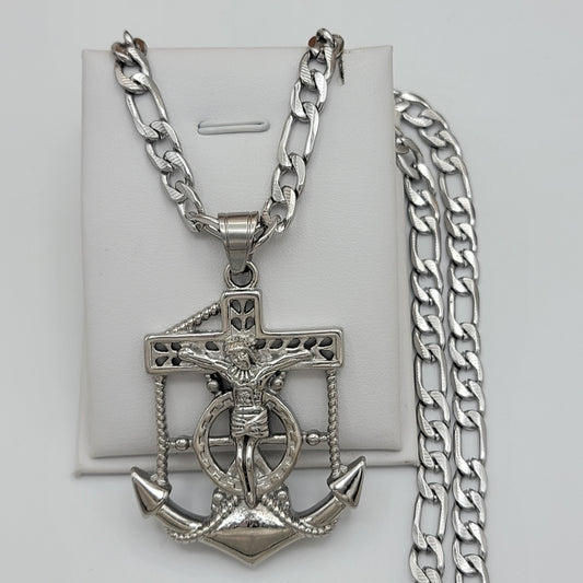 Necklaces - Stainless Steel. Stainless Steel Jewelry Jesus Anchor Crucifix Cross Pendant & Figaro Chain