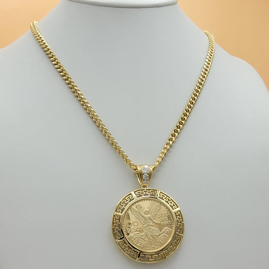 Necklaces - 14K Gold Plated. Centenario MEX Moneda 50 Pesos CZ Pendant & Chain