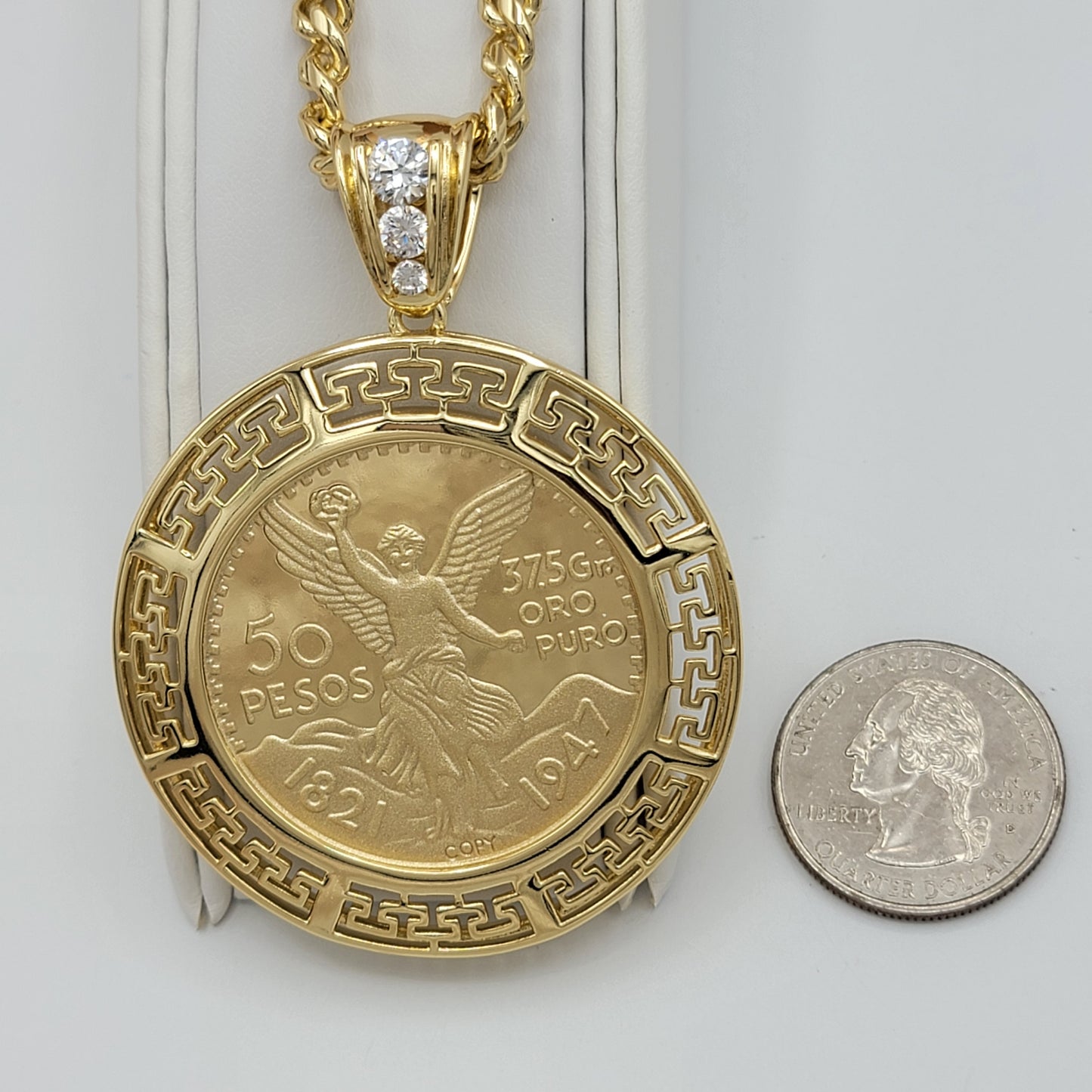 Necklaces - 14K Gold Plated. Centenario MEX Moneda 50 Pesos CZ Pendant & Chain