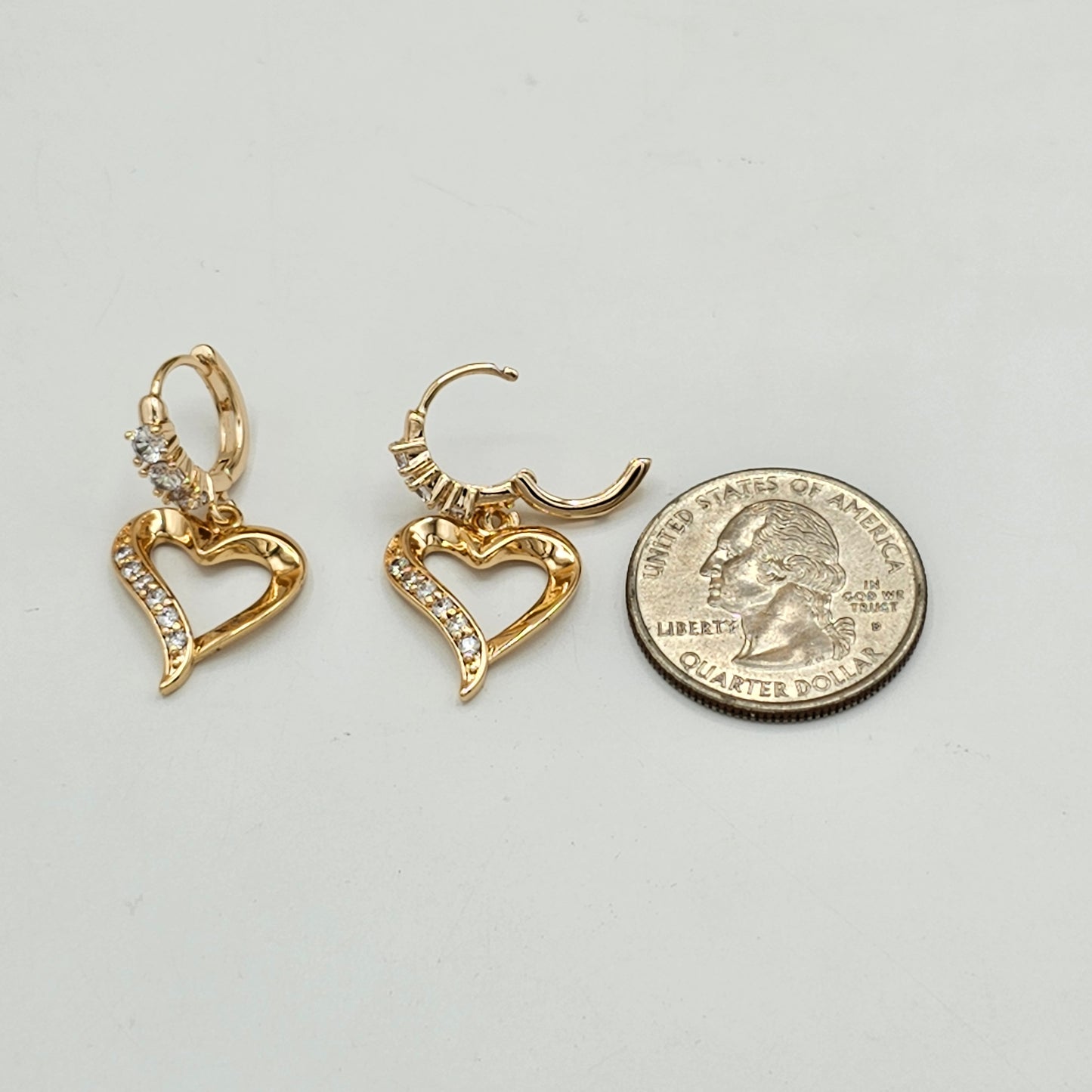 Earrings - 18K Gold Plated. Drop Dangle Heart Hoops.
