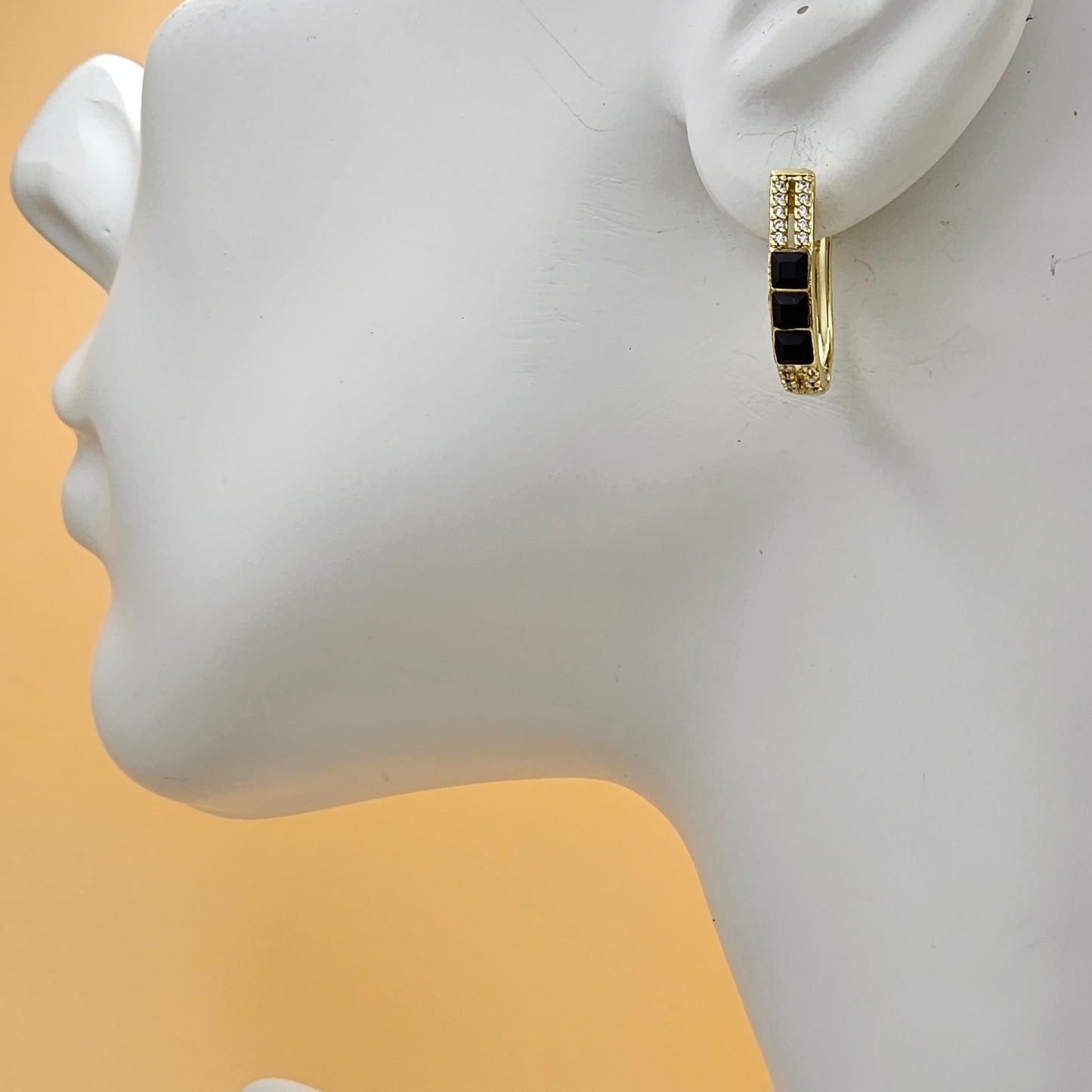 Earrings - 14K Gold Plated. Black & Clear Crystal Oval Hoops.