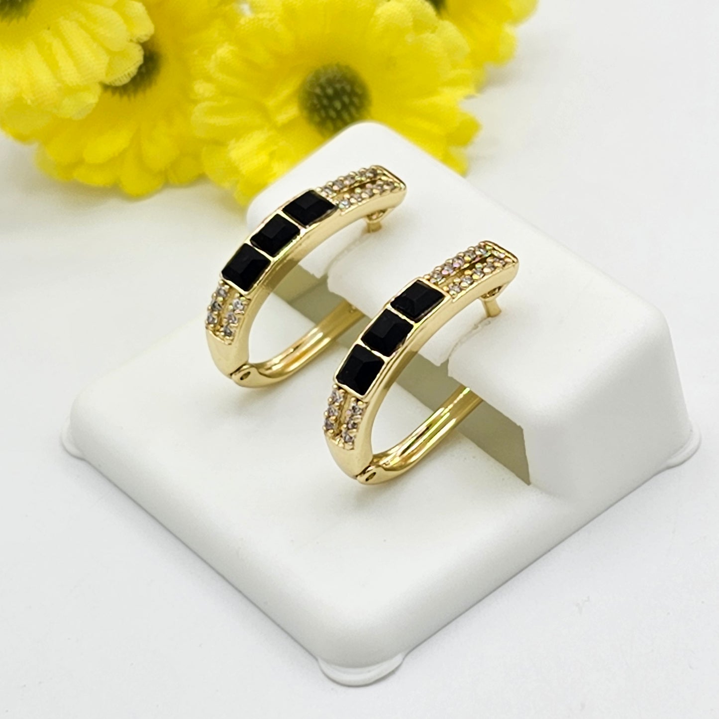 Earrings - 14K Gold Plated. Black & Clear Crystal Oval Hoops.
