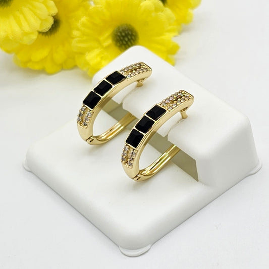 Earrings - 14K Gold Plated. Black & Clear Crystal Oval Hoops.