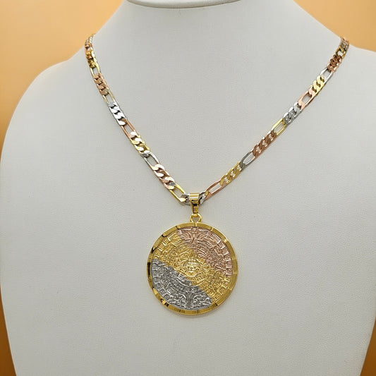 Necklaces - Tri Color Gold Plated. Aztec Mexica Calendar Pendant & Chain Necklace.