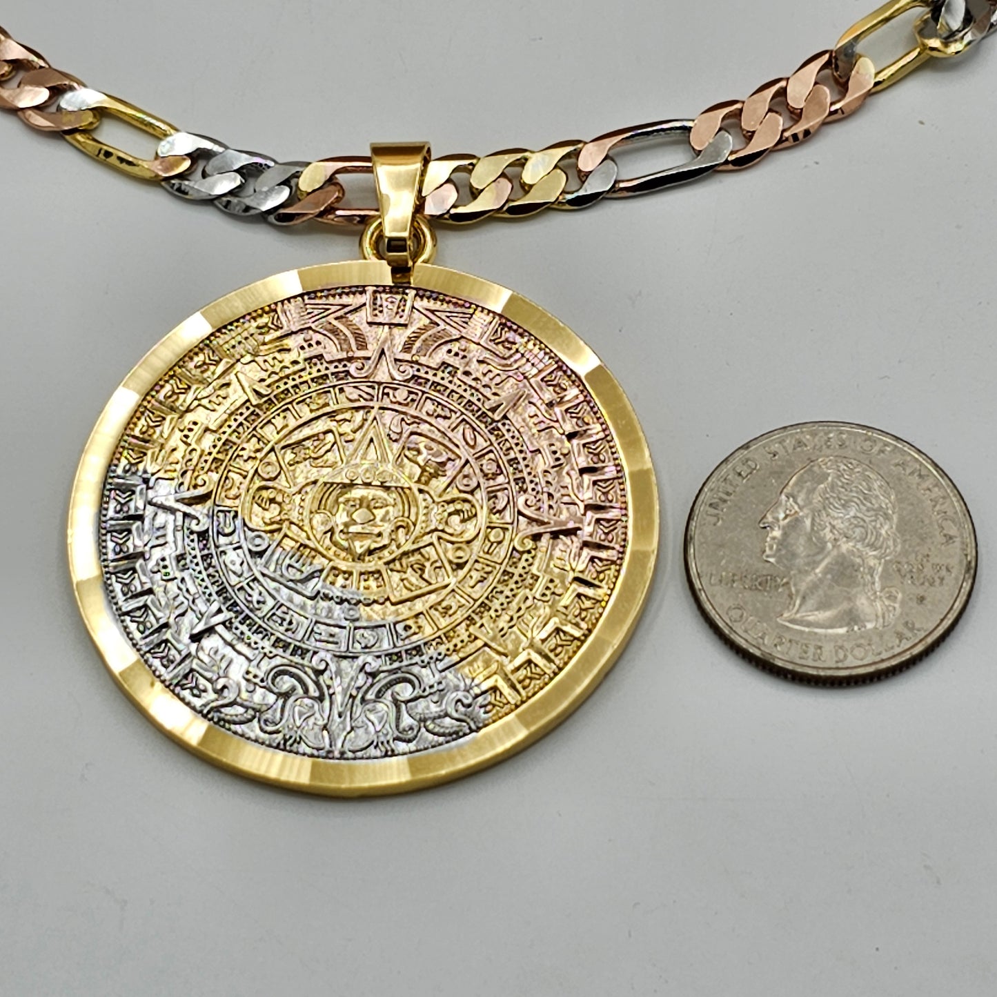 Necklaces - Tri Color Gold Plated. Aztec Mexica Calendar Pendant & Chain Necklace.