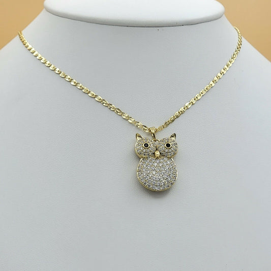 Necklaces - 14k Gold Plated. CZ Icy Owl Pendant & Chain.