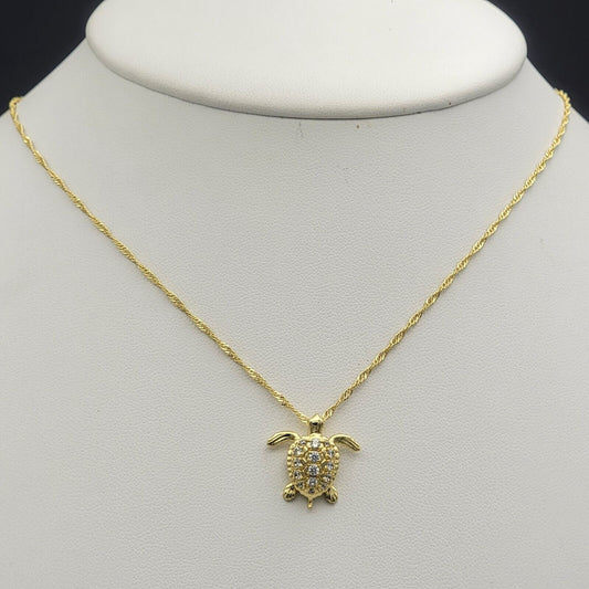 Necklaces - 14K Gold Plated. Cute Turtle Pendant & Chain.