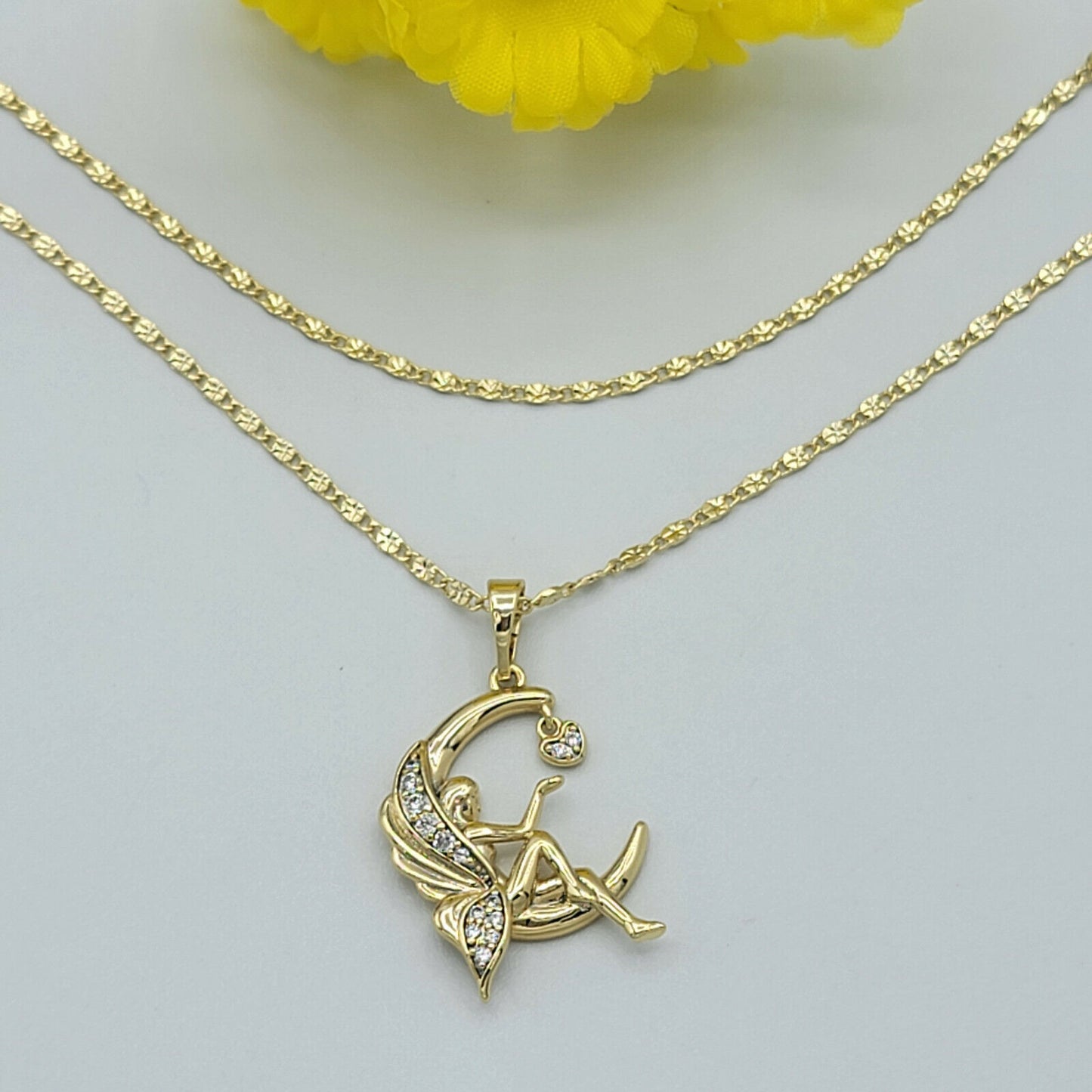 Necklaces - 14K Gold Plated. Fairy in the Moon touching a Heart Pendant & Chain. CZ Crystal