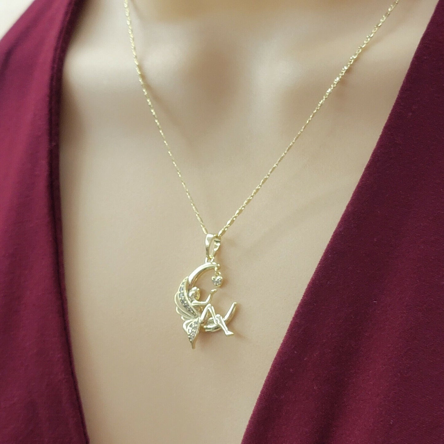 Necklaces - 14K Gold Plated. Fairy in the Moon touching a Heart Pendant & Chain. CZ Crystal